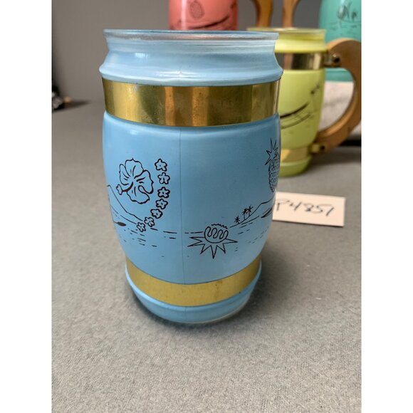 Vintage Siesta Ware Frosted Tiki Mugs With Wood & Brass Handles - 5 Rainbow Colo - Picture 13 of 13